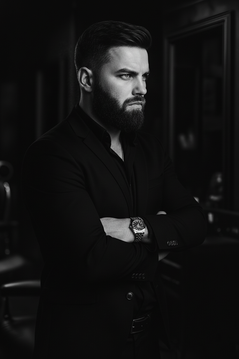 imagem do profissional Roberto na barbearia com um corte moderno e barba bem aparada 